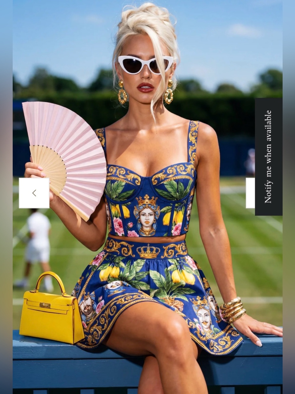 💙 NWT ATTI SET CROP TOP SKIRT MEDIUM BLUE YELLOW MEDITERRANEAN PRINT 💙
